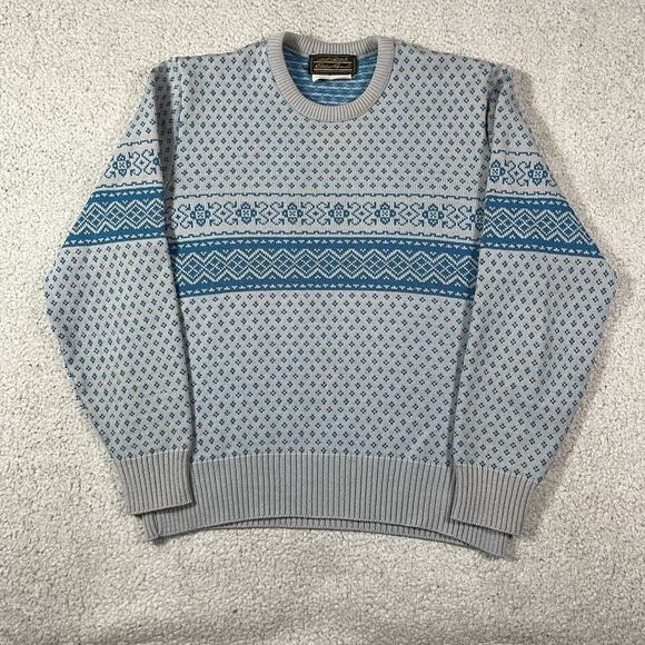 Eddie Bauer Sweater Mens M Gray Blue Wool Fair Isle Nordic Made USA Knit - Picture 1 of 13